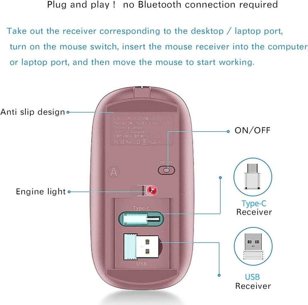 Wireless Mouse for MacBook Air, Laptop, Mac, iMac, and Desktop Computers (Pink)
