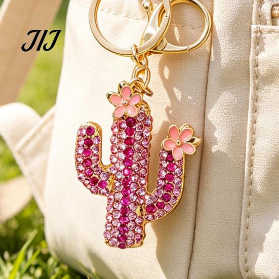 Purse Charm Accessory Bling Rhinestone Cactus Keychain, Pink Flower Keychain Keyring Pendant, Handbags Backpacks