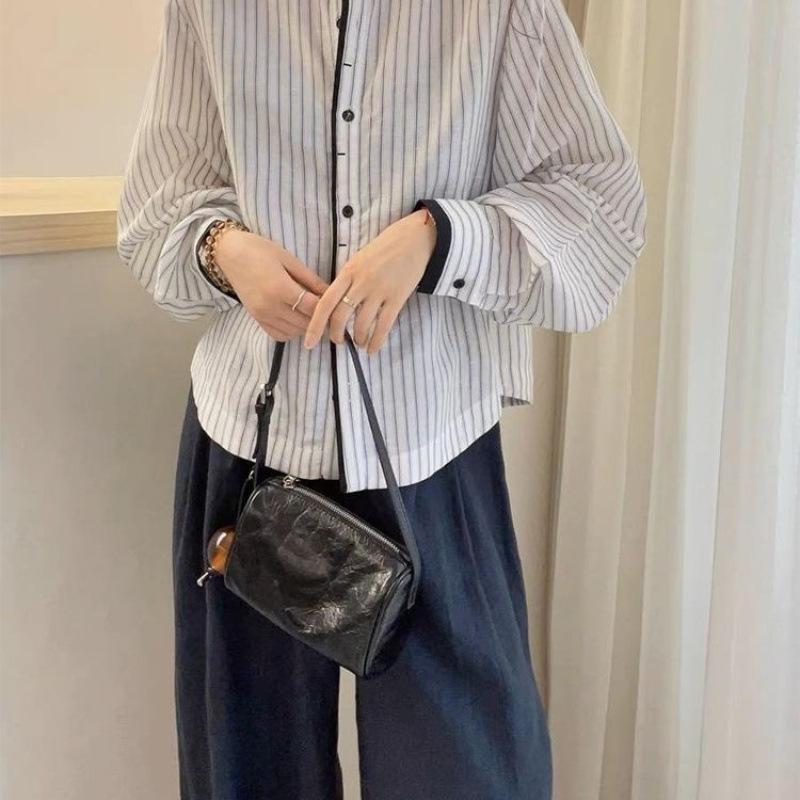 Women Striped Blouse Round Neck Button Front Lantern Sleeve Casual Loose Fit Shirt