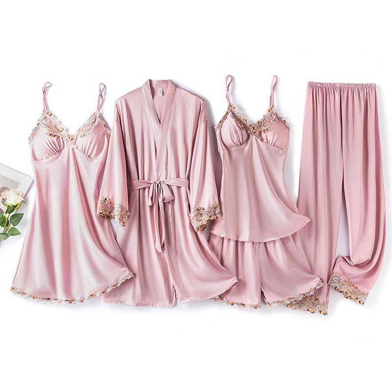 Ice Silk V-Neck Camisole & Pajama Set for Women - 5-Piece Spring & Autumn Collection