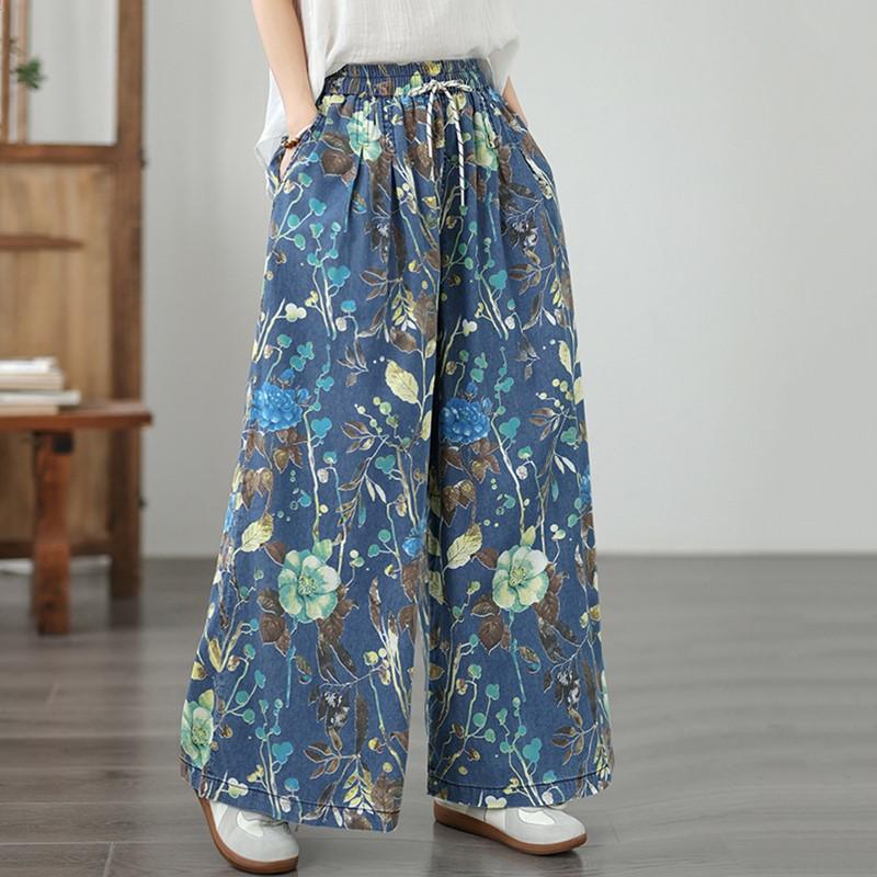 plus size Vintage floral high waist casual loose long Women Spring summer autumn jeans denim wide leg Pants