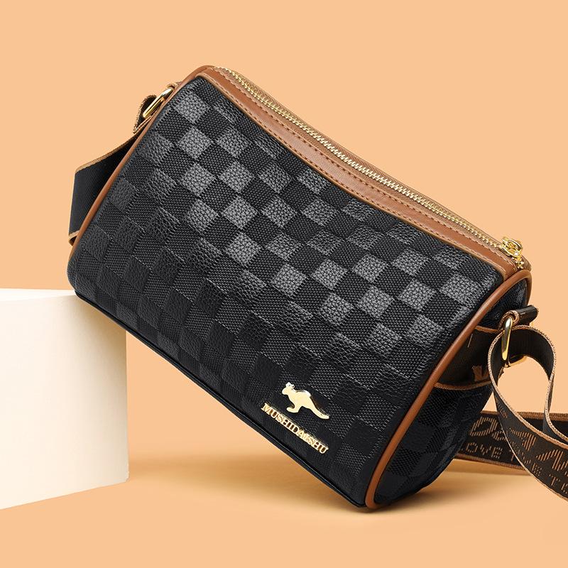 Women's bag new wide shoulder strap women's shoulder bag fashionable checkered soft leather messenger bag pillow bag