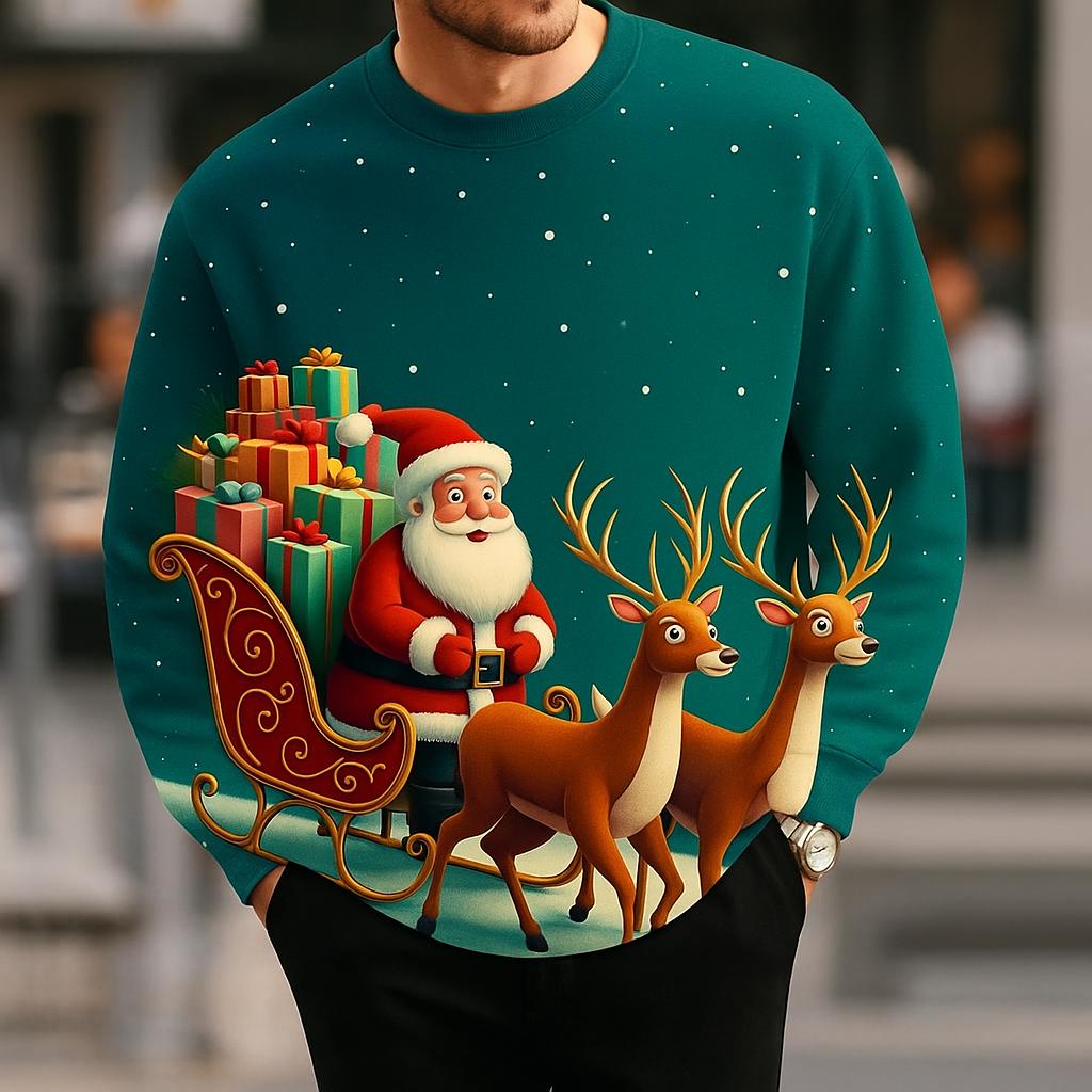 Men's Christmas Theme Sweatshirt, 3D Graphic Santa Claus Print, Round Neck Pullover, Holiday Casual Style Long Sleeve Streetwear