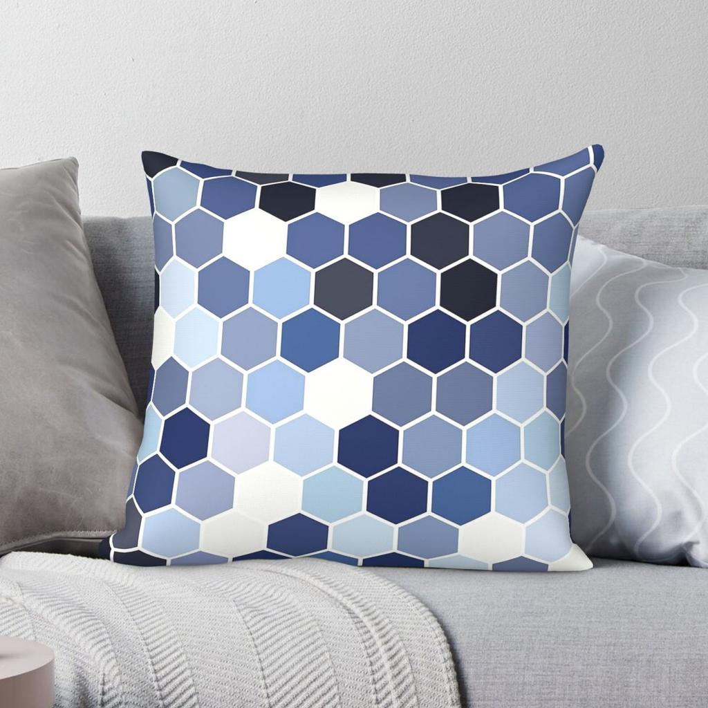 Honeycomb Hexagon Blue Square Pillowcase Polyester Linen Velvet Pattern Zip Decorative Sofa Seater Cushion Cover