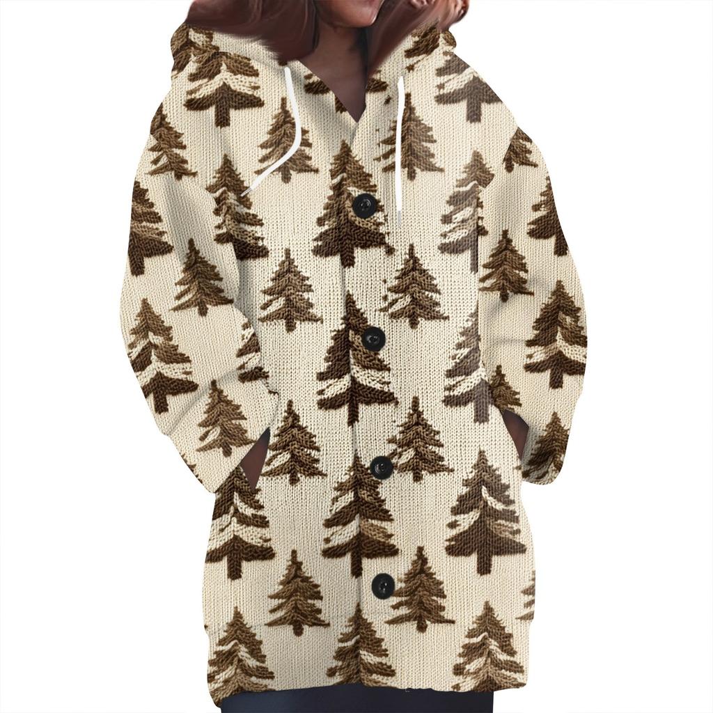 Women's Fashion Casual Long Sleeve Wool Knit Hoodie Button Cardigan