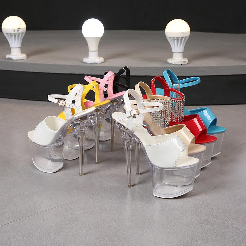 Damen Transparente Plateau Sandalen Schwarz 18CM Transparente Sohle Plateau High Heel Sandalen OpenToe Damen Tanzschuhe LFD-10368-20