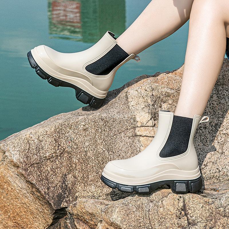 Thick-soled elastic rain shoes medium tube women's rain boots Chelsea water boots rain Martin medium tube water boots