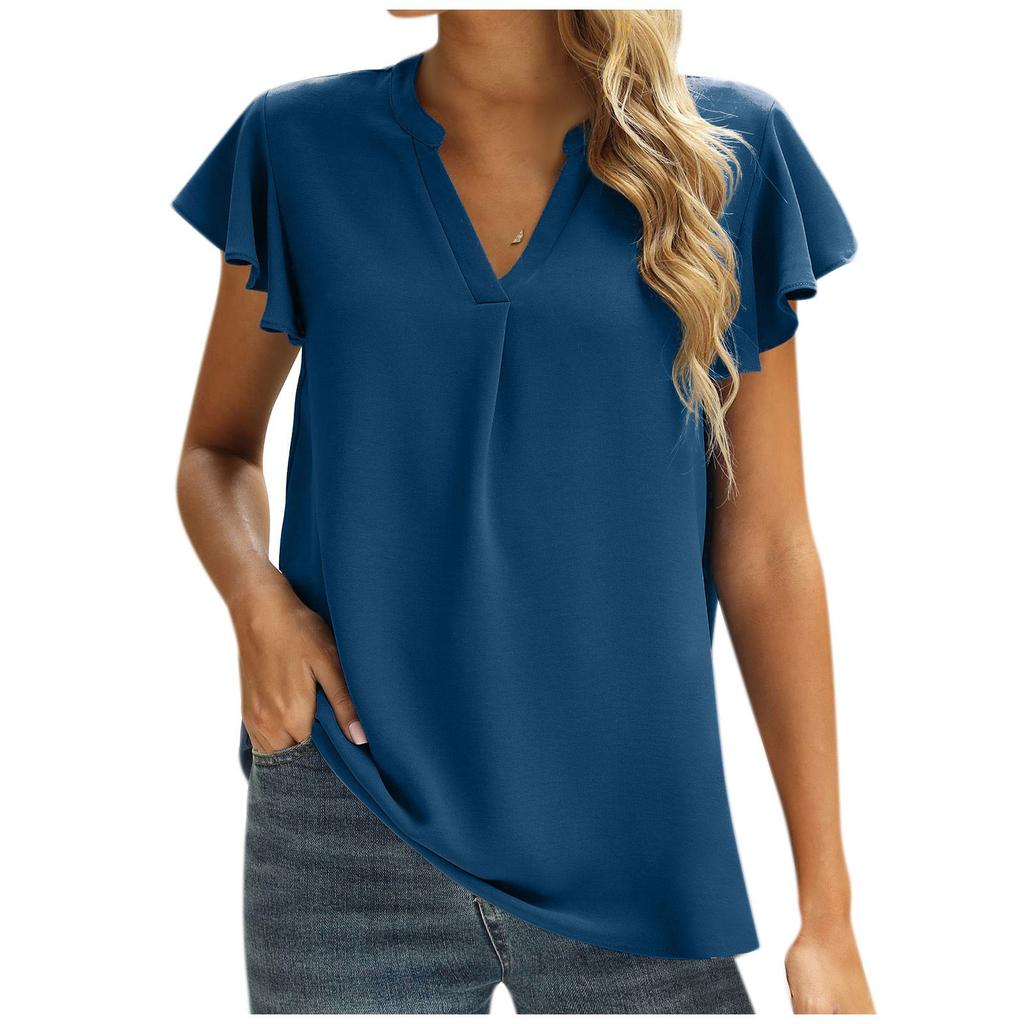 Women's Fashion Color Casual Short Sleeve Stitching V-Neck Shirt Top
