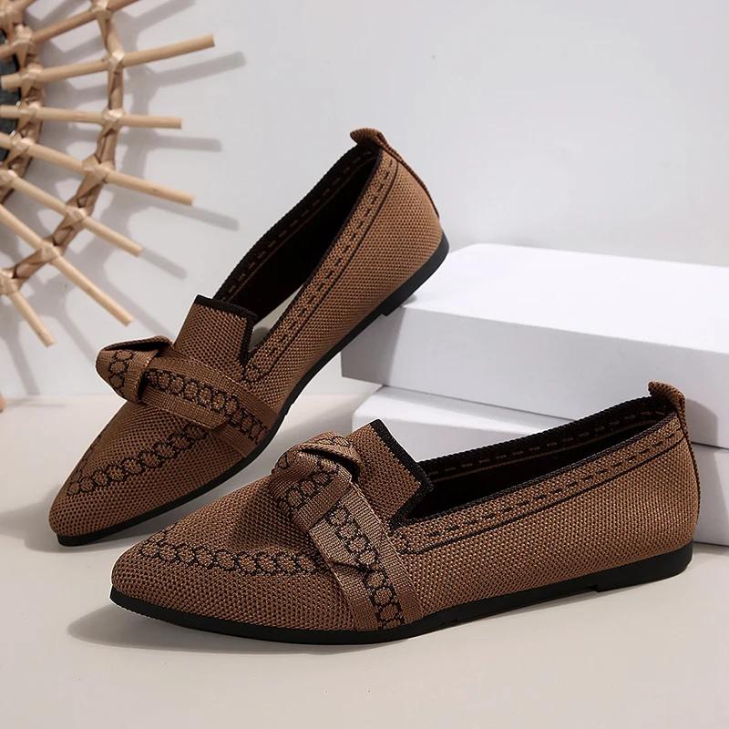 Fashion Rimocy Women Flats 2025 New Knitted Mesh Breathable Loafers Soft Comfort Pointed Toe Casual Shoes Trend Bow Decor Woman Shoes