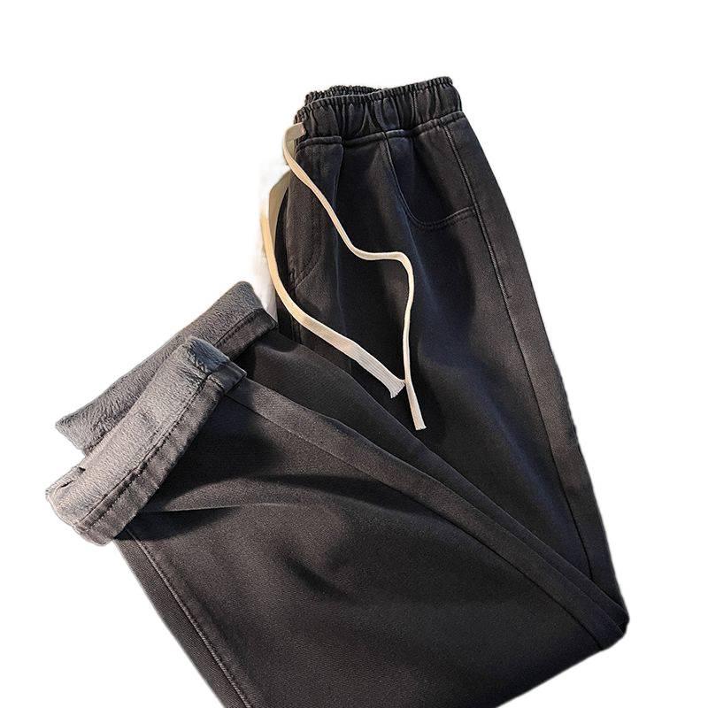 Women's Plush Denim Wide-Leg Pants: Elastic Waist & Drawstring, Loose Fit, Warm Retro Style for Autumn/Winter