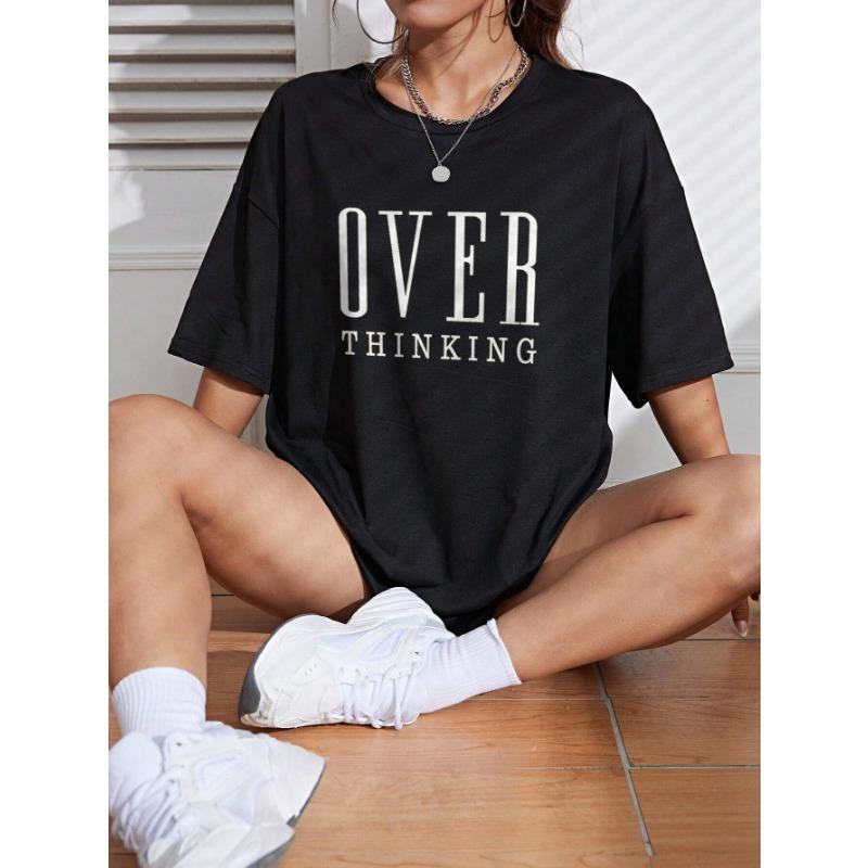 Plus Over Thinking Letter Print Women Cotton Short Sleeve Breathable O-Neck Tops All-math Casual T-Shirts Female Tee Clothing