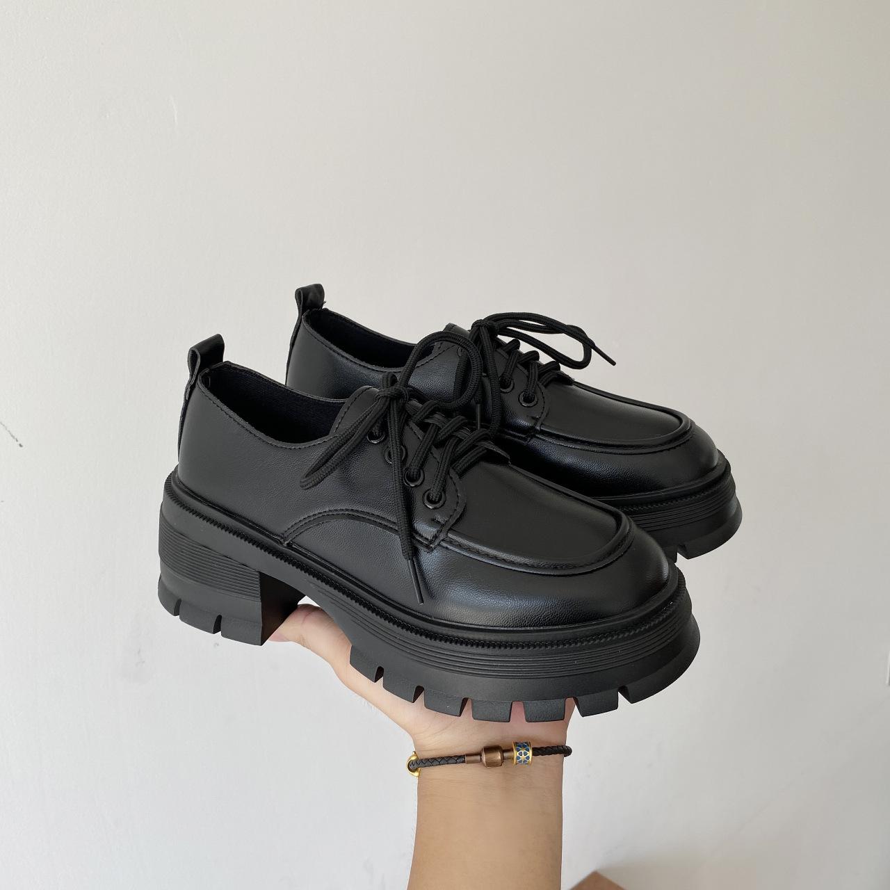 

Black platform small leather shoes women s British style spring and autumn new loafers student lace-up Mary Jane shoes 35 матовый черный