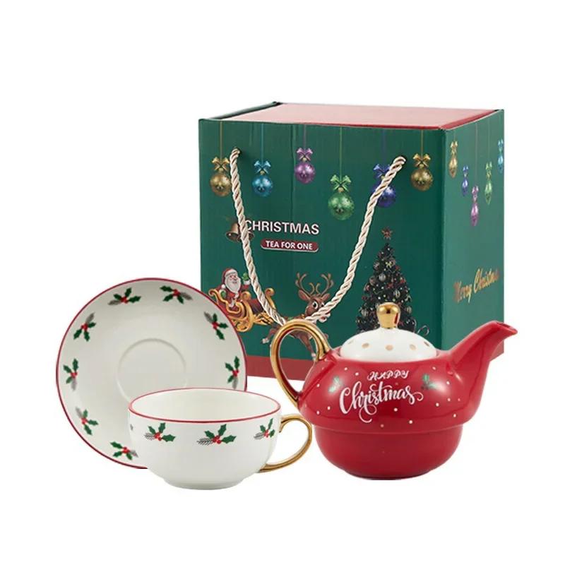 Christmas Ceramic Teapot Cup Teaware Set with Gift Box Gold Plated Handle Coffee Cup Saucer Spoon  Afternoon Tea Mug Xmas Gifts