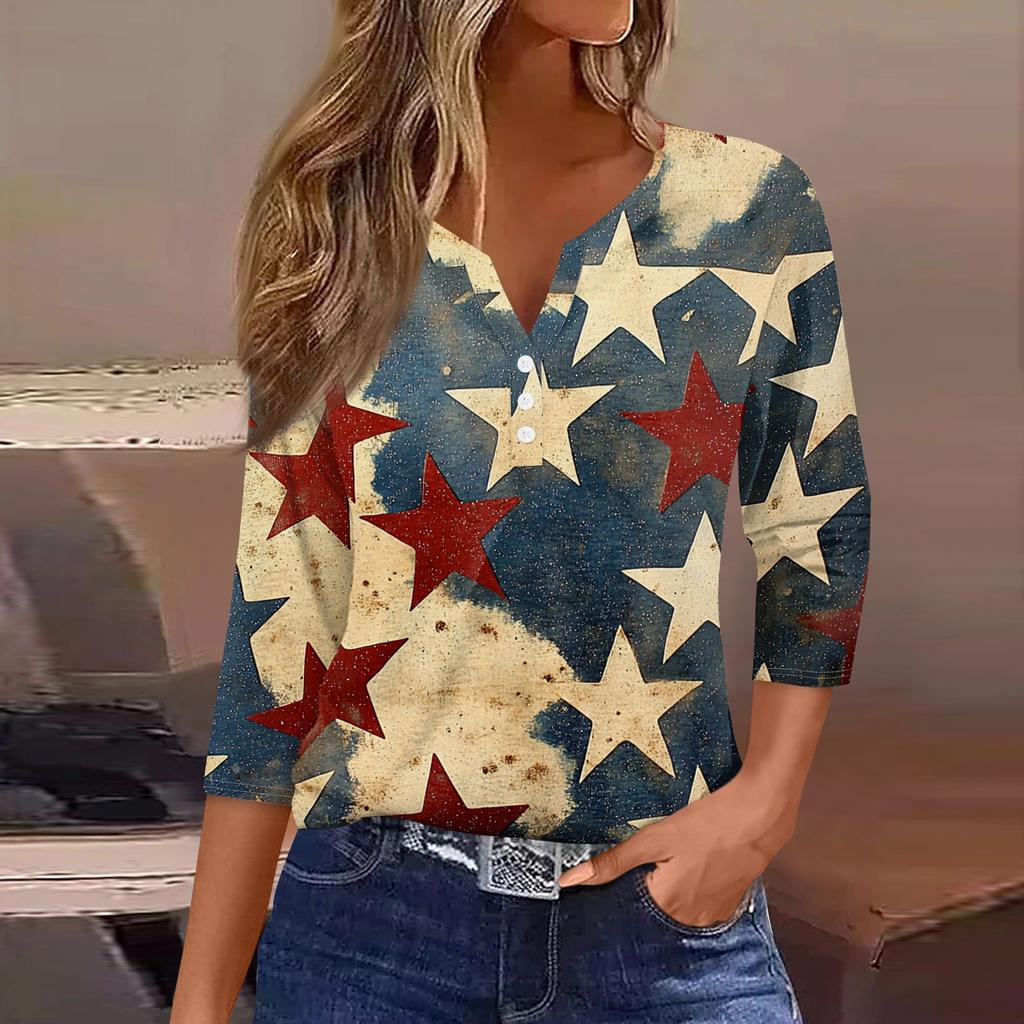 Damen T-Shirt mit Aufdruck, Knopfleiste, 3/4-Ärmel, modisch für den Alltag und das Wochenende, Basic, V-Ausschnitt, normales Oberteil