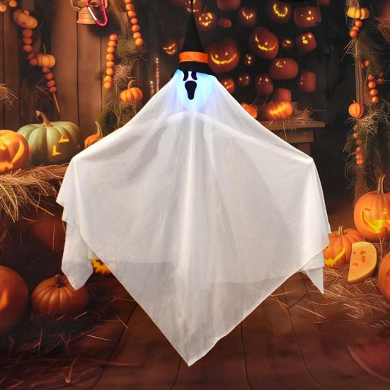 Halloween Hanging Light-up Ghosts Outdoor Flying White Cloth Ghost with Witch Hat for Front Yard Patio Lawn Garden Porch Indoor Outdoor Decoration