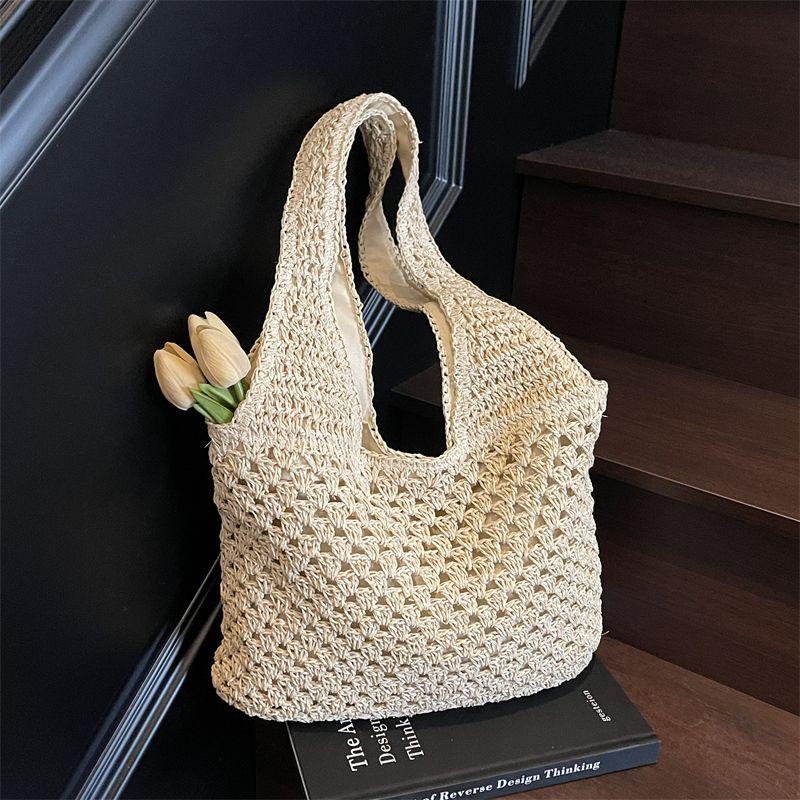 

Idle Style Straw Woven Bag Women Summer 2025 New Seaside Vacation Beach Woven Bag Large Capacity Shoulder Tote Bag Beige White