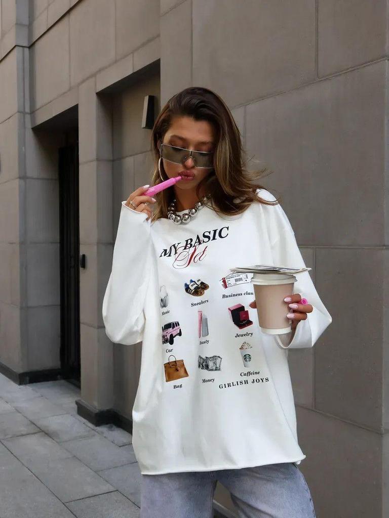 2025 Early Autumn Trendy Loose-Fit Long-Sleeve T-Shirt for Women - European & American Style, Pure Cotton, Fun Print