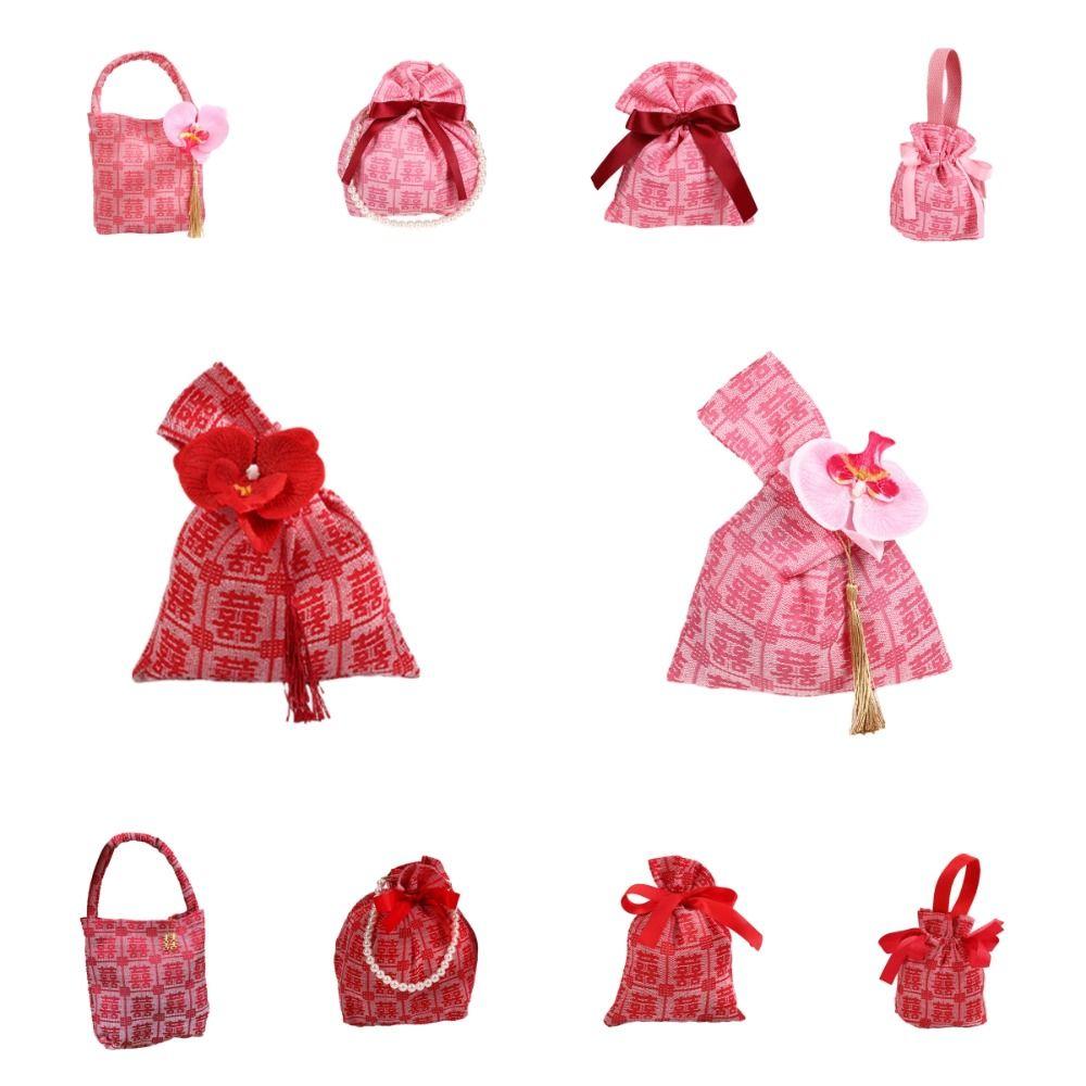 Pearl Handle Wedding Drawstring Bag Satin Bow Letter Flower Tassel Knot Wrist Bag Large Capacity Bucket Bag