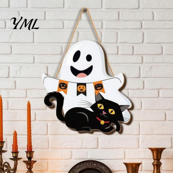 Rustic Autumn Party Decorations Cute White Ghost Wooden Door Hanger Sign with Black Cat BOO Farmhouse Halloween Porch Banner, Waterproof Front Plaque