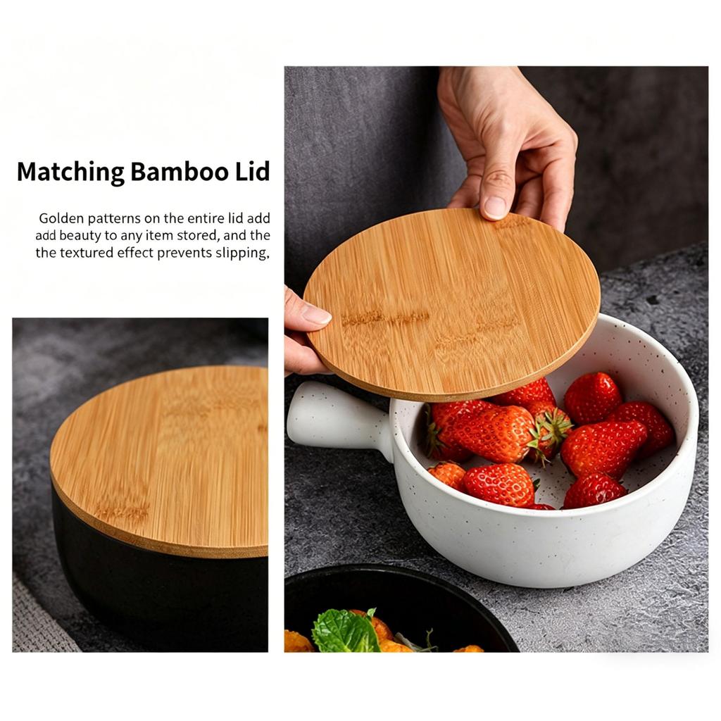 Ceramic Baking Bowl with Handle, Japanese Style Heat Resistant Deep Bowl Microwave Oven Safe Kitchen Food Bowl for Soup Salad Pasta Dessert Dinnerware