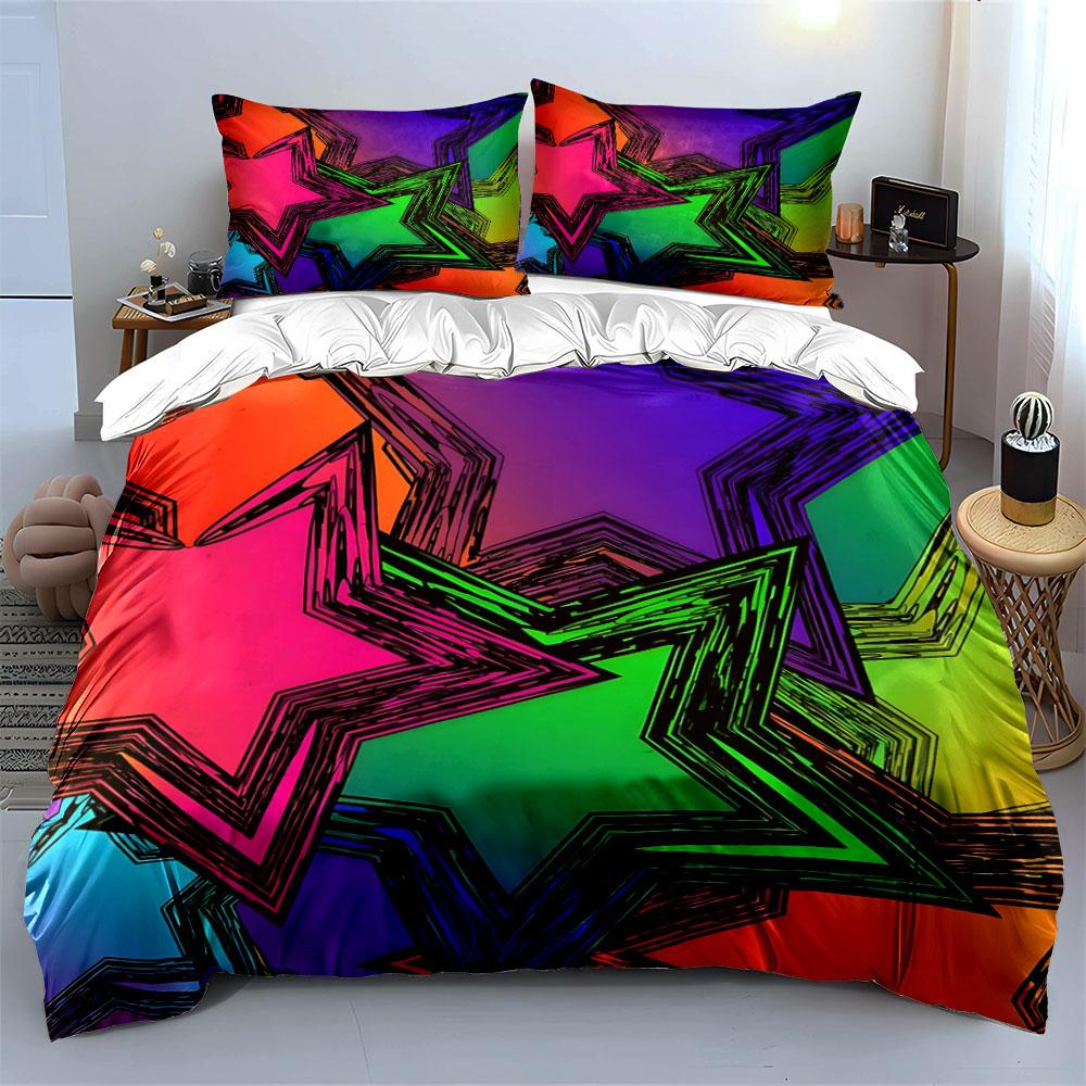 Colorful Star Art Decoration Set Soft Skin-Friendly Bedding Set Includes 1 Duvet Cover And 2 Pillowcase Gift