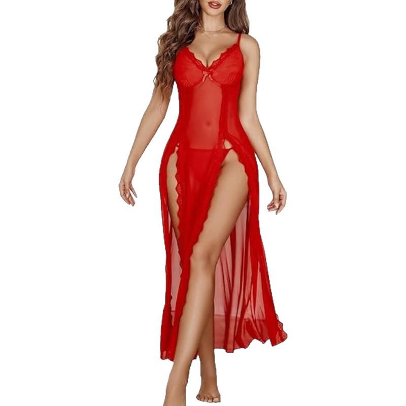 Europäisches & Amerikanisches Langes Spitzen-Transparentes Lingerie-Kleid mit Hohem Schlitz