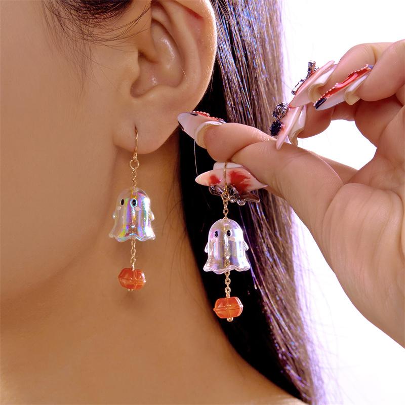 Halloween Cartoon Ghost Earrings for Women Asymmetrical Pumpkin Ghost Long Tassel Earrings Festival Party Jewelry Accessories