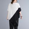 Koreanischer Sommer Damen Rundhals Kontrastfarben Tops Aushöhlen Patchwork Unregelmäßig Lässig Kurzarm Locker Midi T-Shirt
