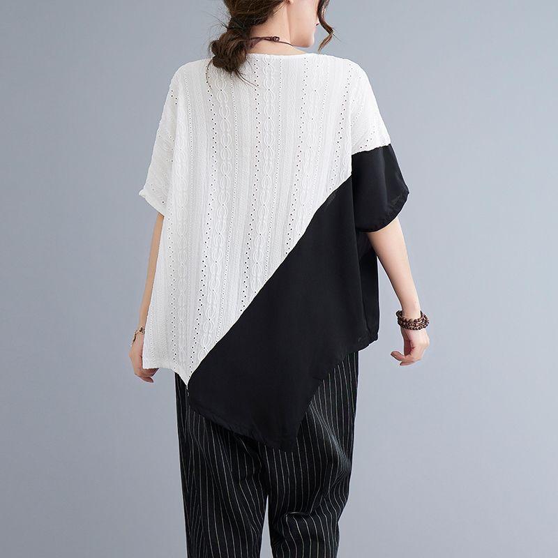 Koreanischer Sommer Damen Rundhals Kontrastfarben Tops Aushöhlen Patchwork Unregelmäßig Lässig Kurzarm Locker Midi T-Shirt
