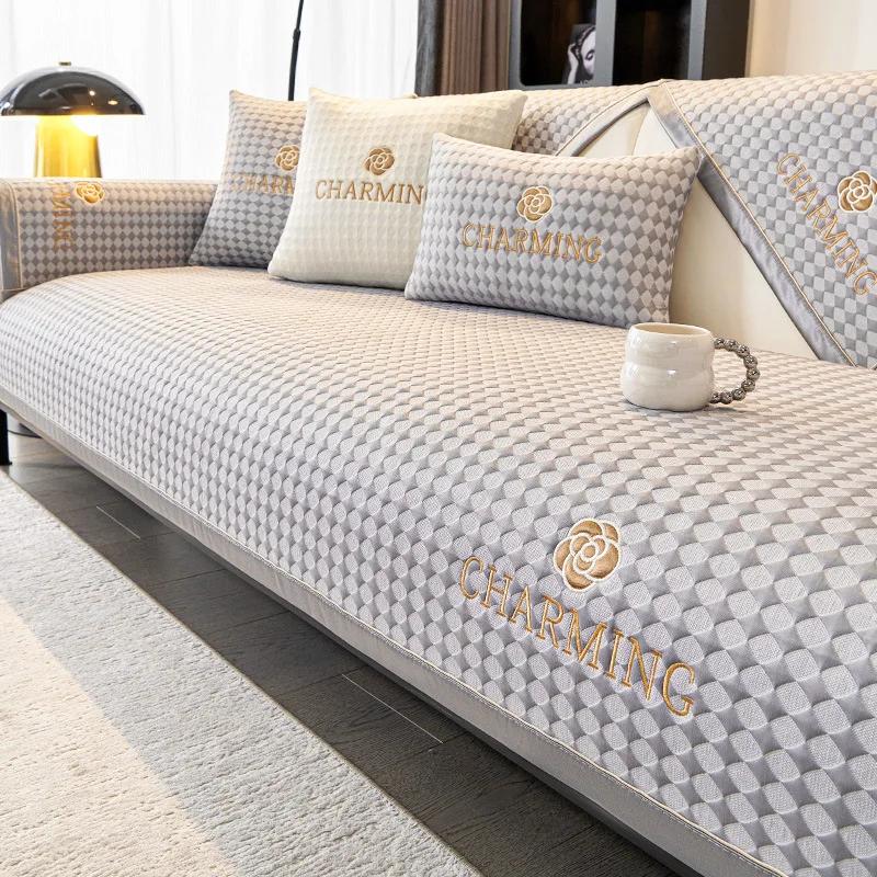 

Летняя прохладная вышитая диванная подушка из ледяного шелка, чехол для дивана для гостиной, нескользящий универсальный защитный чехол для дивана, домашний декор, коврик 30x50cm pillowcase серый