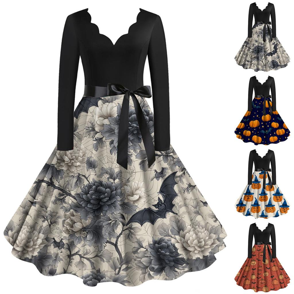Halloween Print Flare Dress For Damer Langermet Kjole Fritidskjoler
