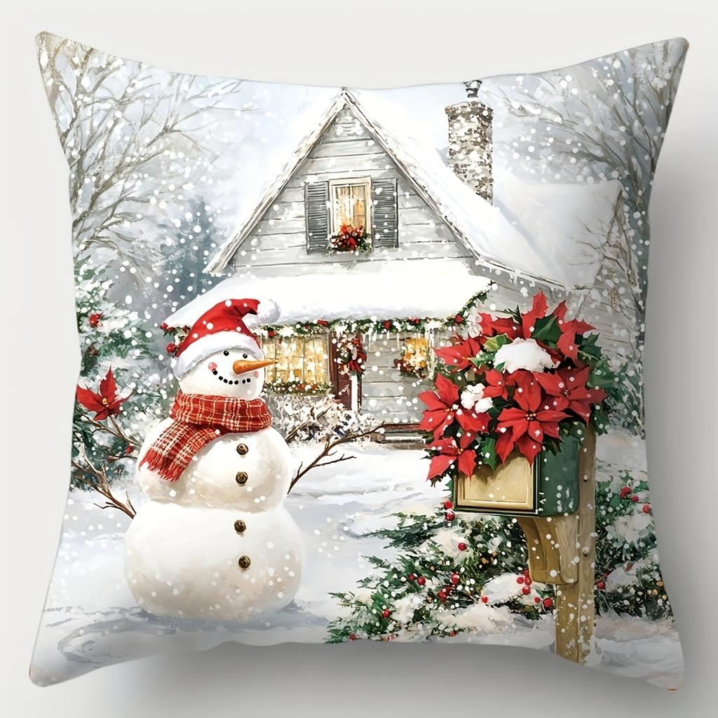 Set of 4 Christmas Throw Pillow Covers, Double-Sided Printed Xmas Cushion Cases with Snowman, Santa, Reindeer, Gnome & House Patterns, 16/18/20 Inch S