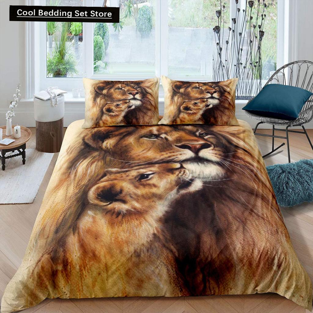 Rei Leão Rainha Capa de Edredom Conjunto de Cama Animal Relâmpago Leão Dourado 2/3 Peças Capa de Edredom Cinza Preto Dourado Poliéster Capa de Edredom
