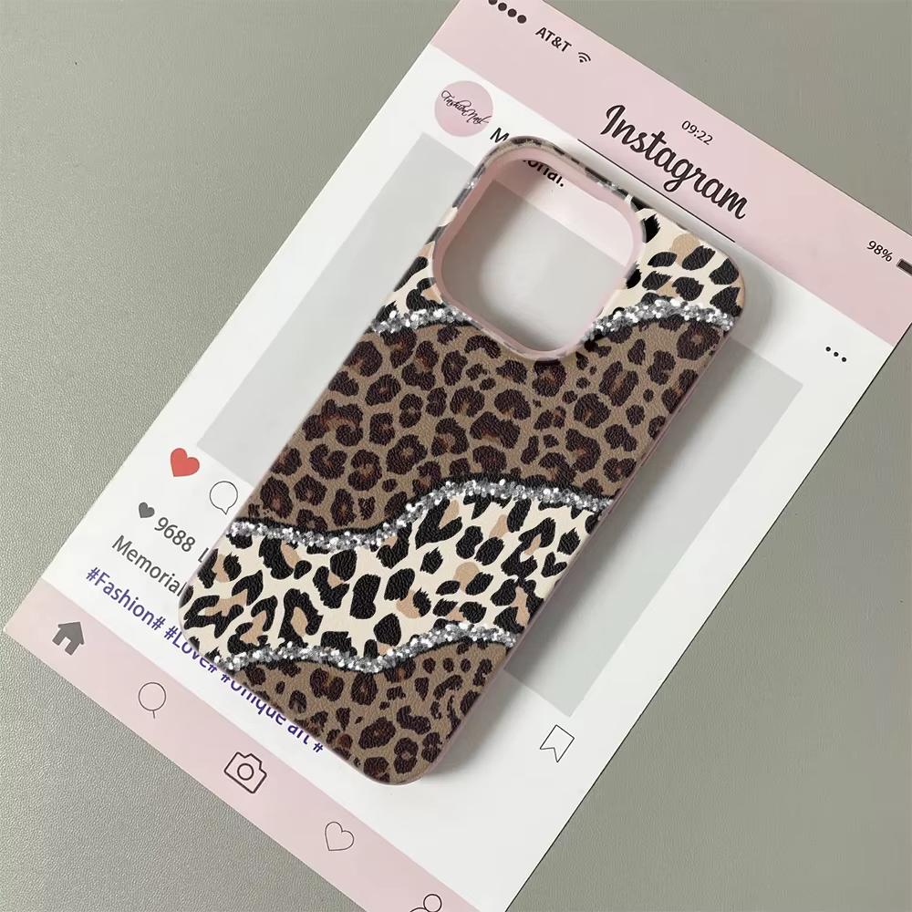 INS Diamond Edged Leopard Print Silicone Phone Case For iPhone 17 17Air 13 16 15 14 12 11 Pro Max Lychee Grain Soft Cover Funda
