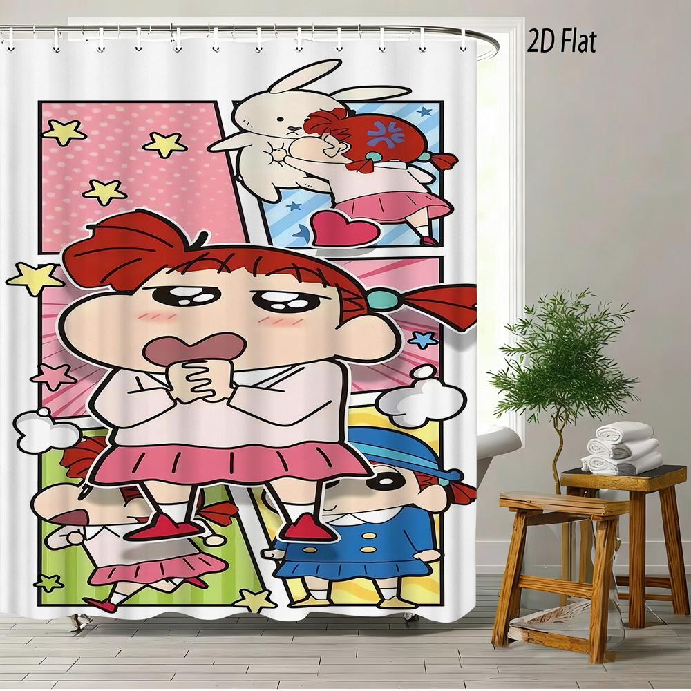 Crayon Shin-Chan & Shiro Best Friend Flying Scene 2D Print Waterproof Shower Curtain, Sweet Pink With Clouds & Daisies Bathroom