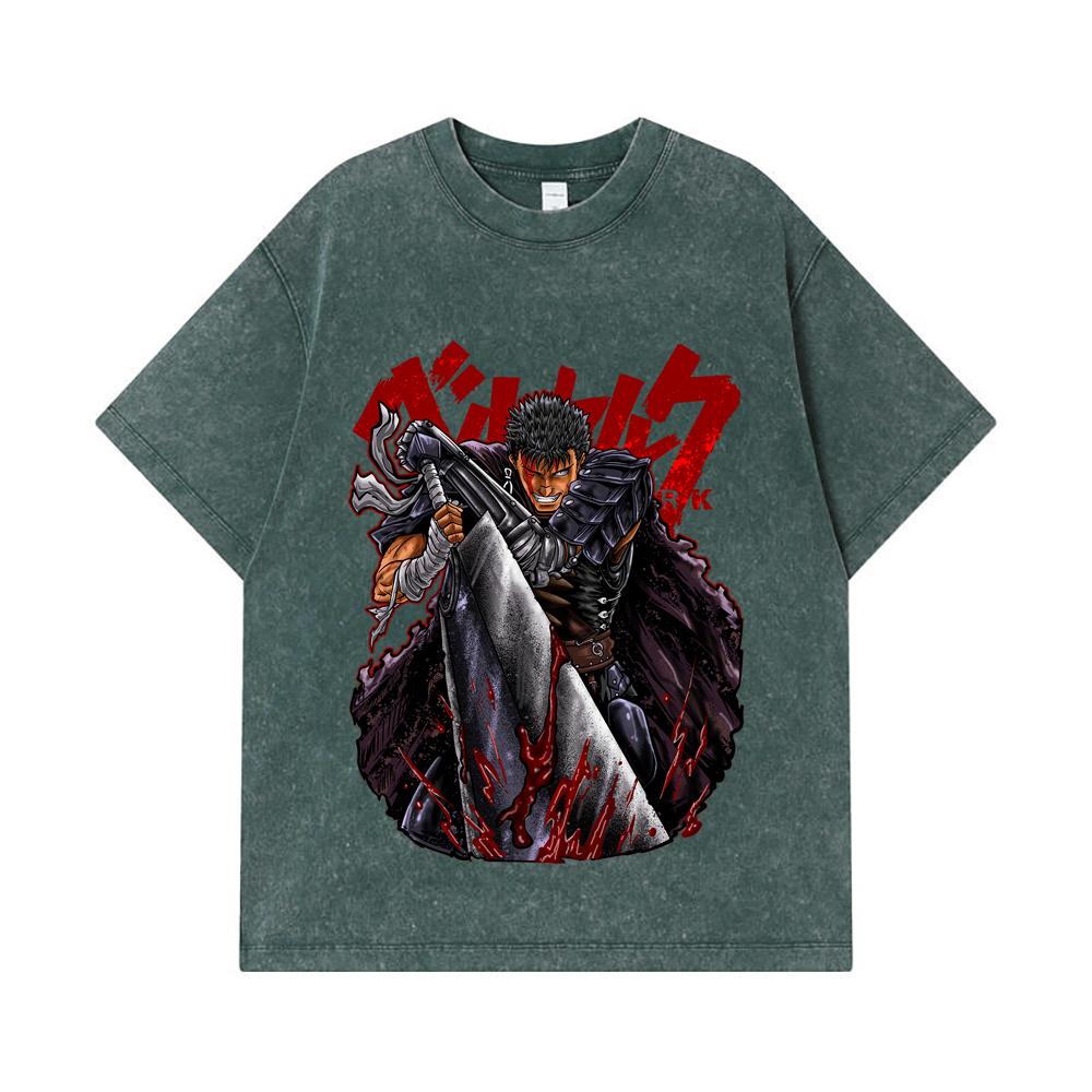 GSM Washed Tshirts Cotton Berserk V Print Unisex Heavy Cotton T Shirt