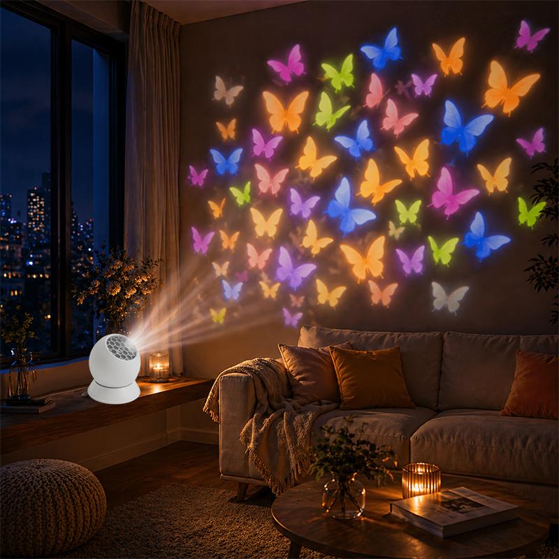 Butterfly Pattern Projector Lamp 360° Rotating Colorful LED Light for Romantic Dinner Table Ambient Decor