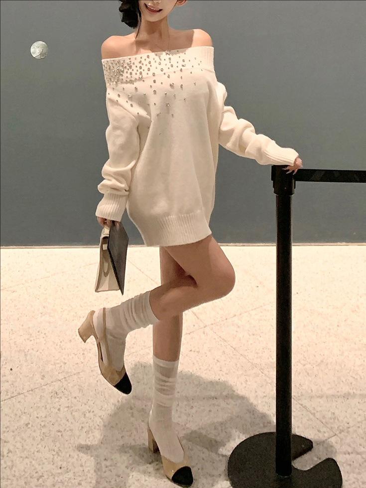 Stardust Shards Hot & Spicy Hot Dog One-Shoulder Diamond Mid-Neck Sweater