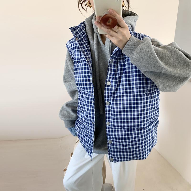 

Стильный клетчатый хлопковый жилет для женщин, осенне-зимняя модная верхняя одежда со стойкой воротником XL синий