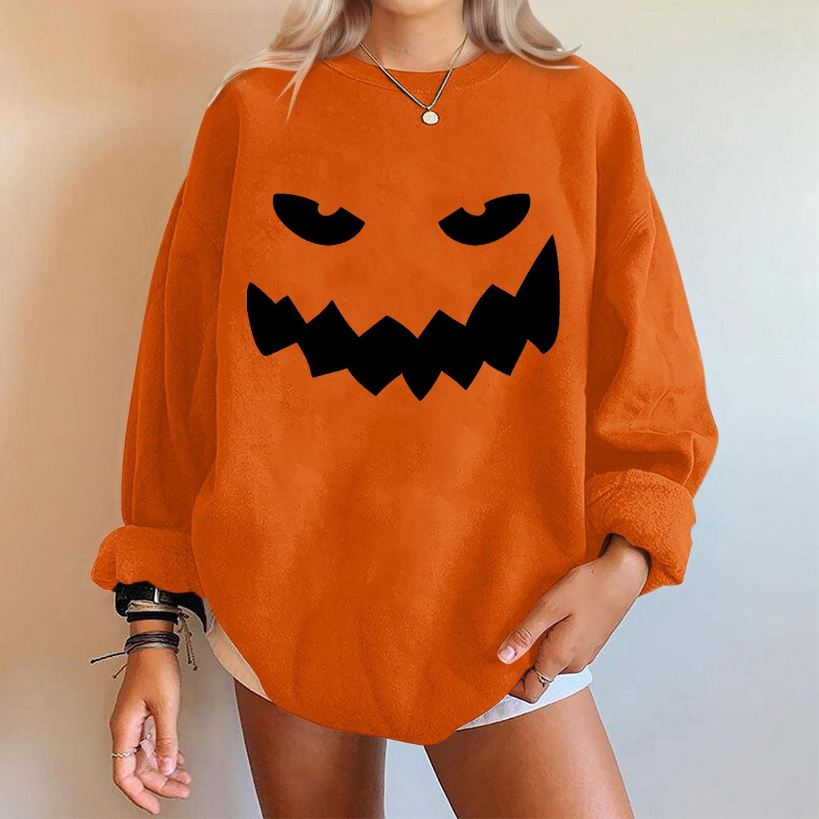 

Женские повседневные модные толстовки с длинным рукавом и круглым вырезом с принтом Хэллоуина, пуловер, топ XL шафрановый