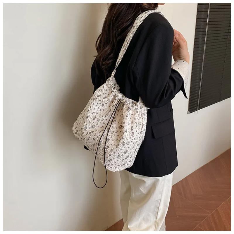 Casual Floral Drawstring Nyl Shoulder Bags for Women Fashi Large Capacity Ladies Crossbody Bag Commuter Girls Handbags Tote
