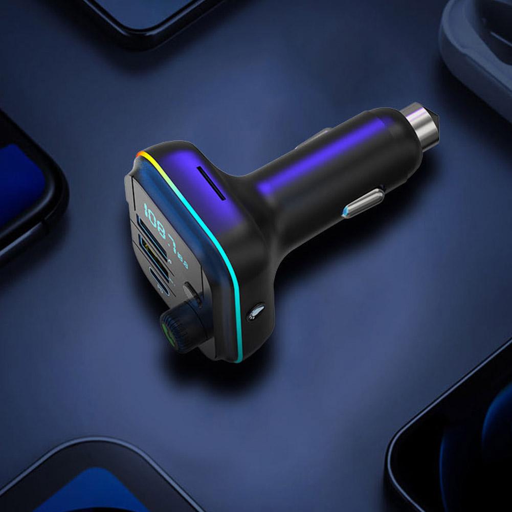 Car Fast Charge Bluetooth 5.0 FM Transmitter PD Dual Player Music Type-C Colorful Ambient MP3 Light Cigarette Lighter USB