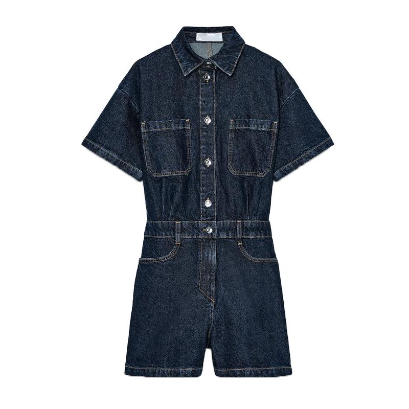 Summer New Women Clothes Western Style Lapel Short Sleeve Denim Short Jumpsuit 1879039 0108027