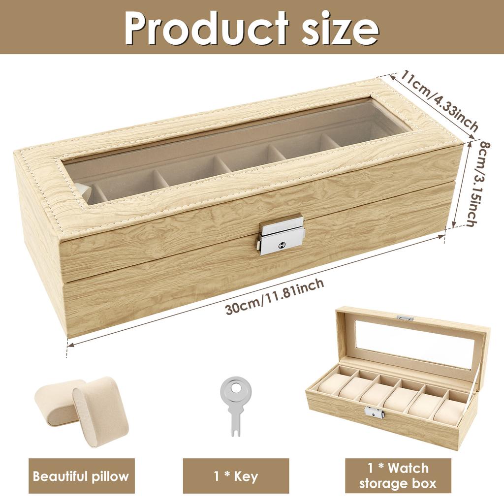 6 Slot PU Leather Watch Box with Keys and Locks Transparent Glass Lid Removable Watch Pillows Organizer Jewelry Display Box