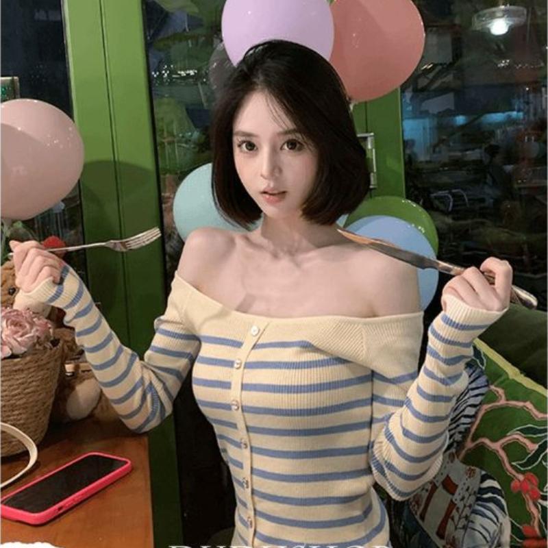 

Вязаный свитер с длинным рукавом на одно плечо в полоску, облегающий базовый слой для женщин one size тёмно-синий