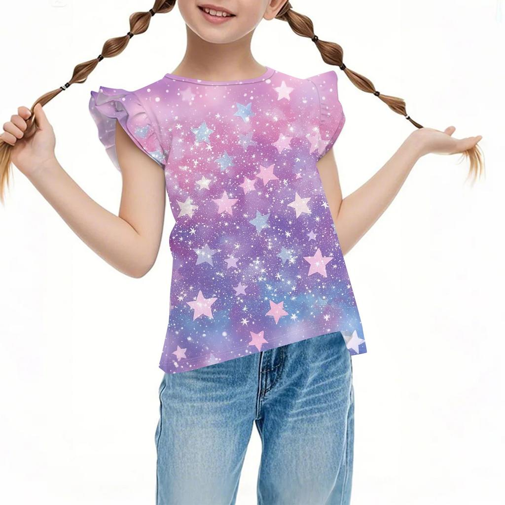 Children's Casual Short-Sleeved Pleated Cute Printed Round-Neck Solid-Color Top