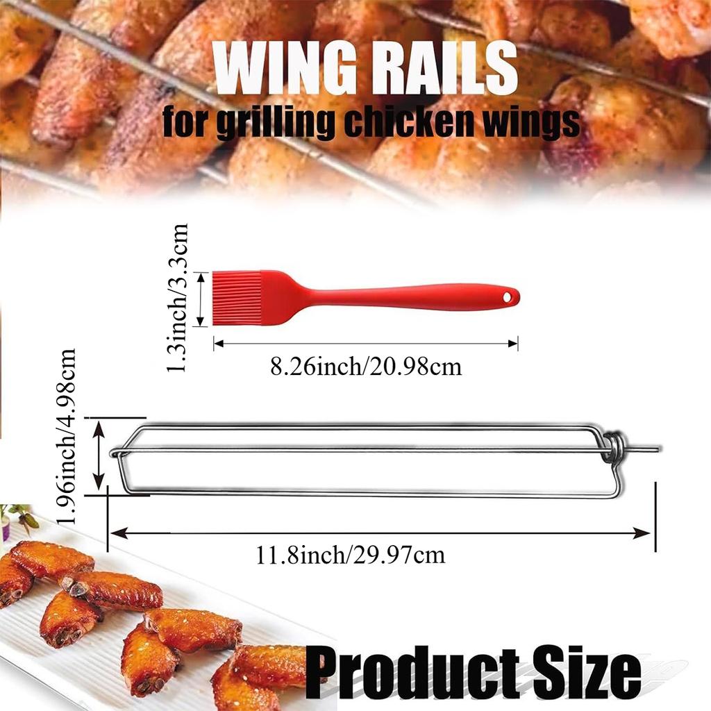 8 PCS Chicken Wing Grill Rails + Red Silicone Brush – Stainless Steel Clamping Set for Even Cooking, Outdoor Barbecue & Picnic