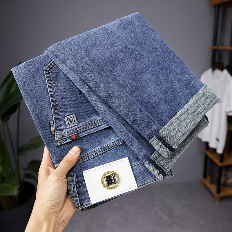 Thick Men's Jeans Spring And Summer Thin Men's Slim Straight Stretch Color Bottom Casual Denim Trousers
