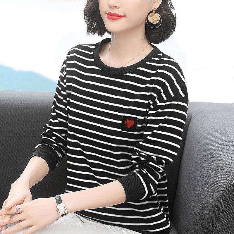 

Women Clothing Korean Fashion Striped Print Long Sleeve Basic T-shirt Spring Autumn Ladies O Neck Loose All Match Pullover Tops L червоний