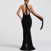 2026 European & American Mesh Patchwork Elegant V-Neck Halter Backless Hip-Hugging Maxi Dress